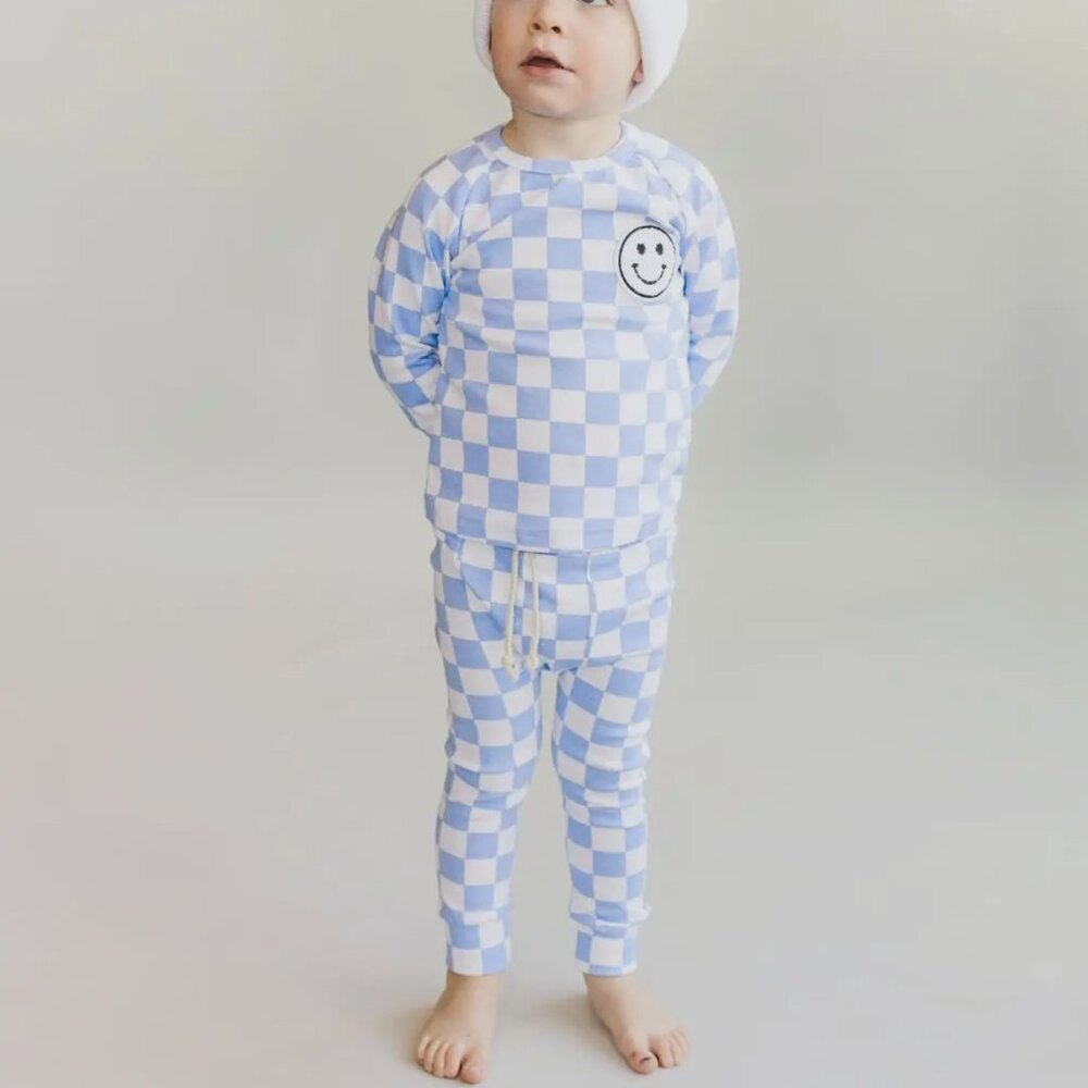 Checkered Happy Face Pant Set-Blue